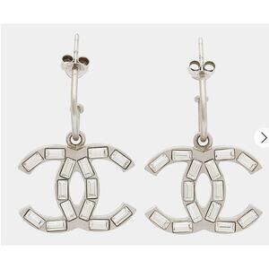 Chanel Baguette Stone Logo Silver Earrings Boucles Oreille Crystal